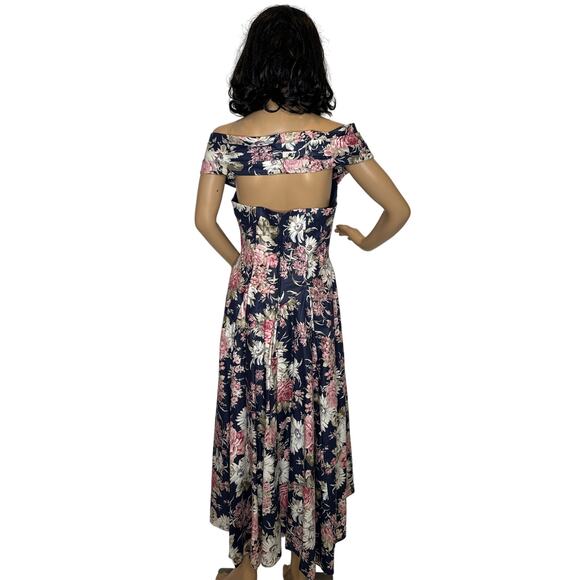1990s Laura Ashley Floral Off-Shoulder Open Back Fit Flare Maxi navy Dress small - Picture 4 of 14